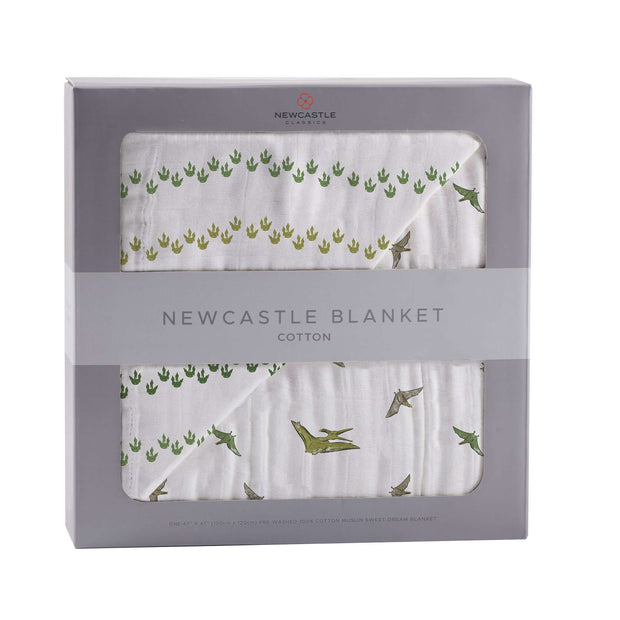 Dino Feet Muslin Blanket in a stylish box featuring dinosaur footprints and green designs.