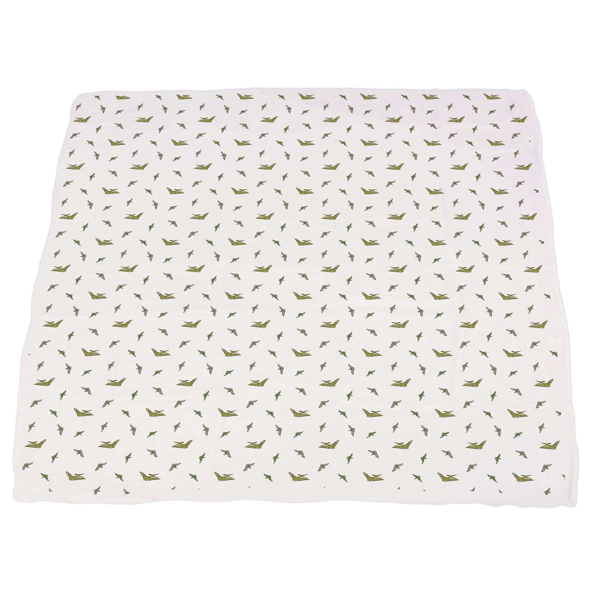 Dino Feet Muslin Blanket with green dinosaur patterns on a white background, perfect for baby soft comfort.