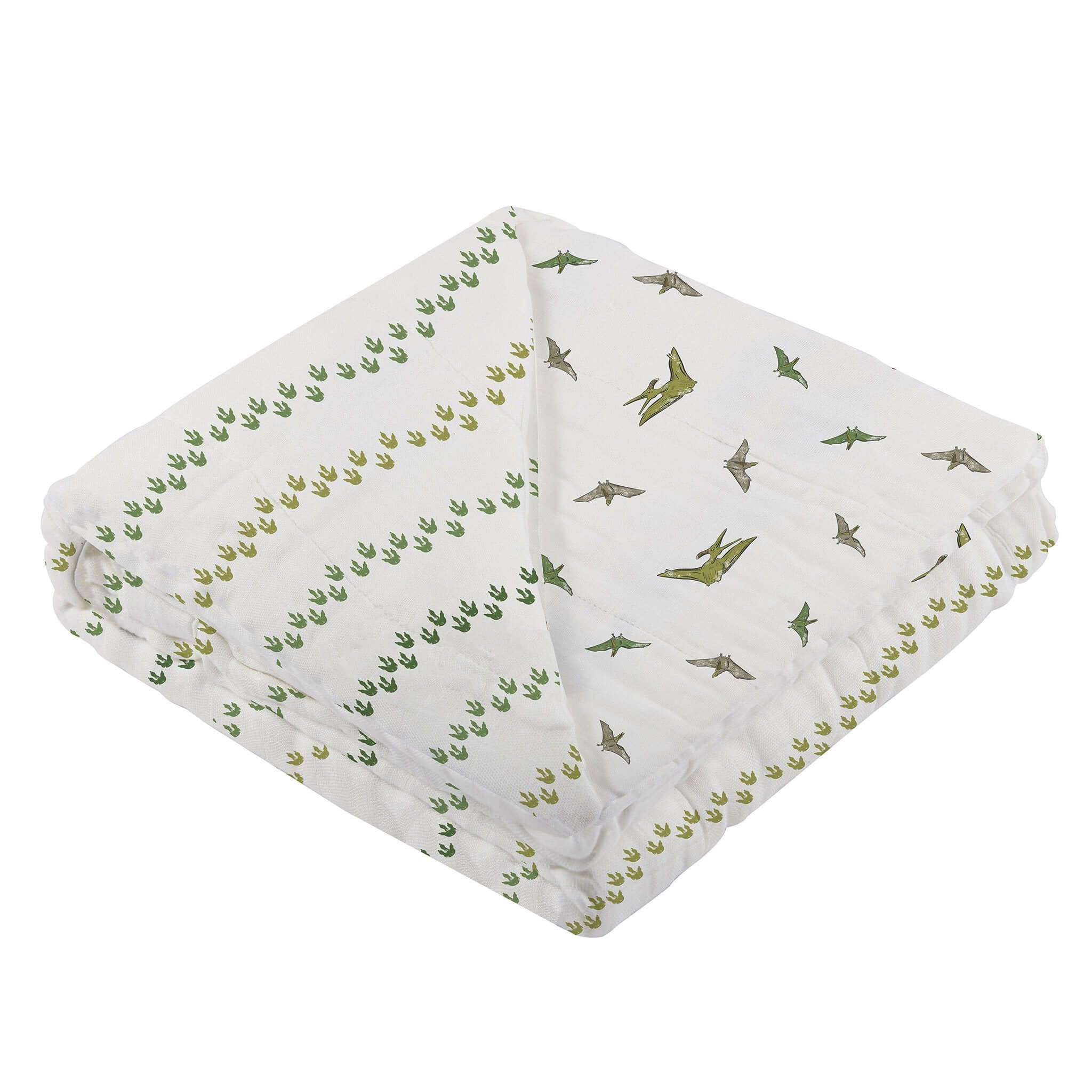Dino Feet Muslin Blanket featuring playful dinosaur footprints and illustrations, perfect for cozying up.
