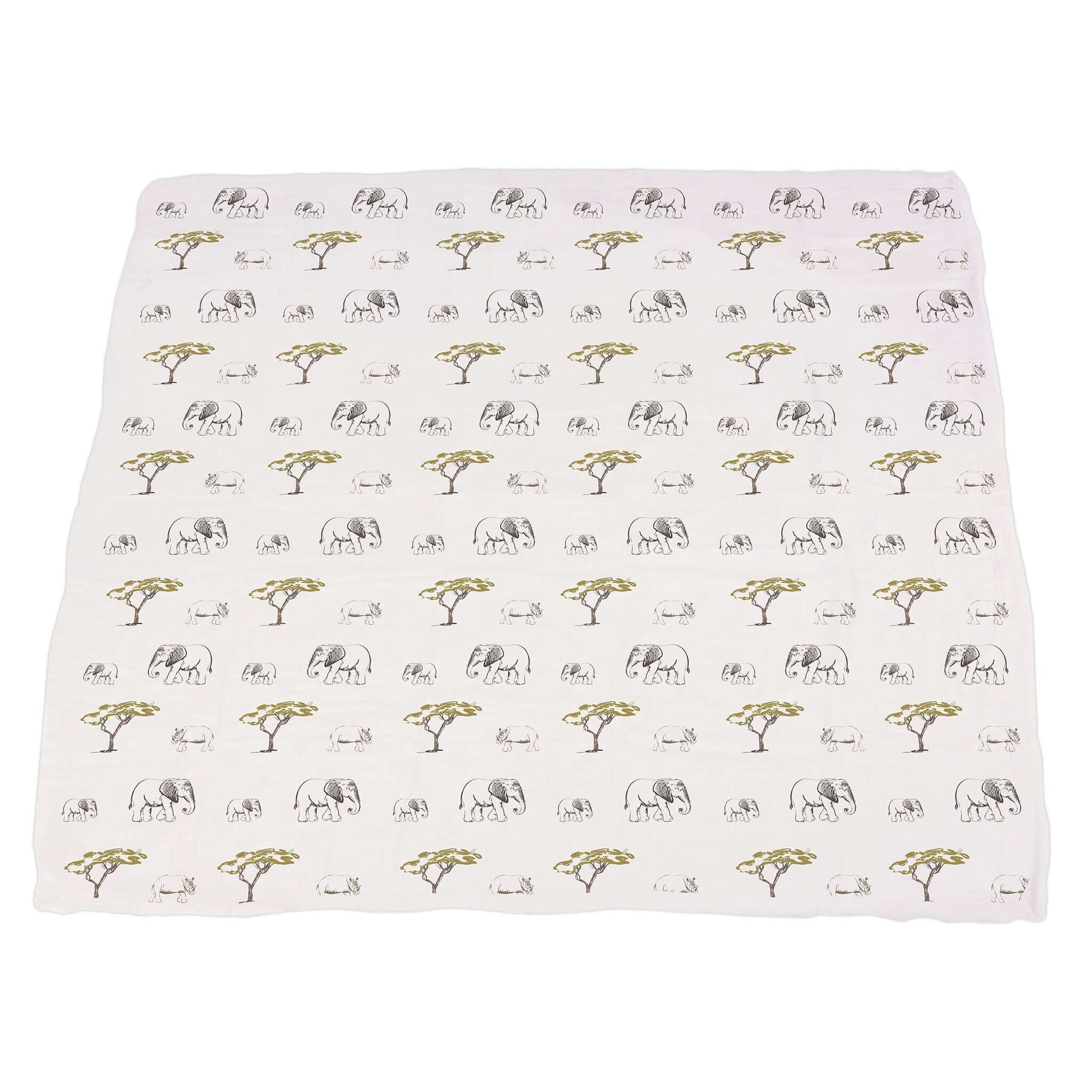Roar Bamboo Blanket featuring a pattern of elephants and trees, perfect for cozy warmth and comfort.