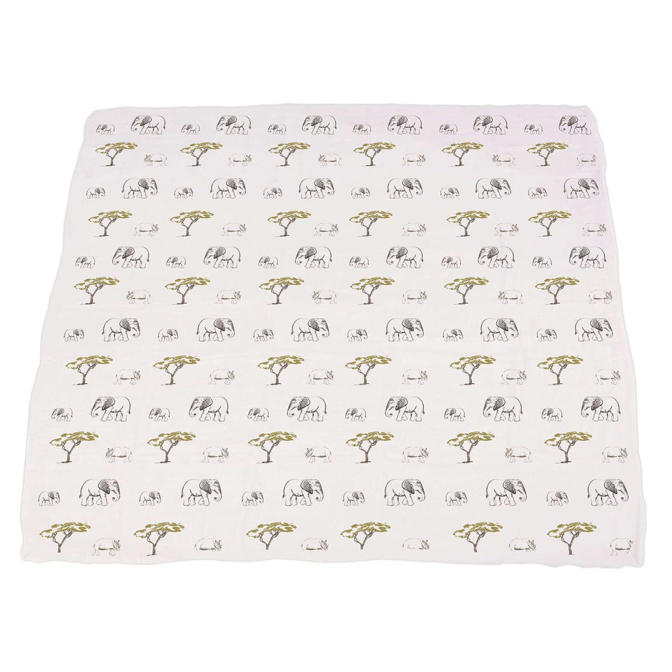 Roar Bamboo Blanket featuring a pattern of elephants and trees, perfect for cozy warmth and comfort.