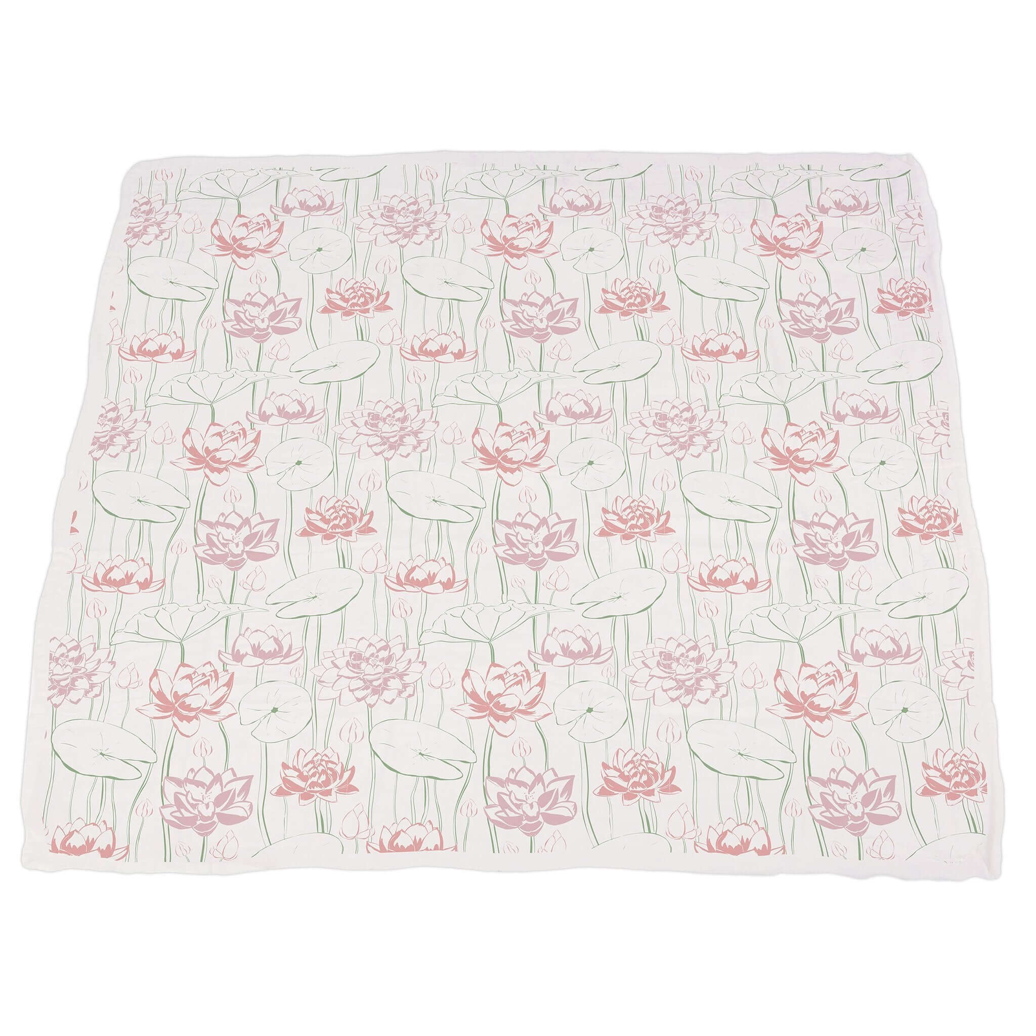 Soft Turtles and Water Lily Bamboo Muslin Blanket with pink flowers and green leaves design.