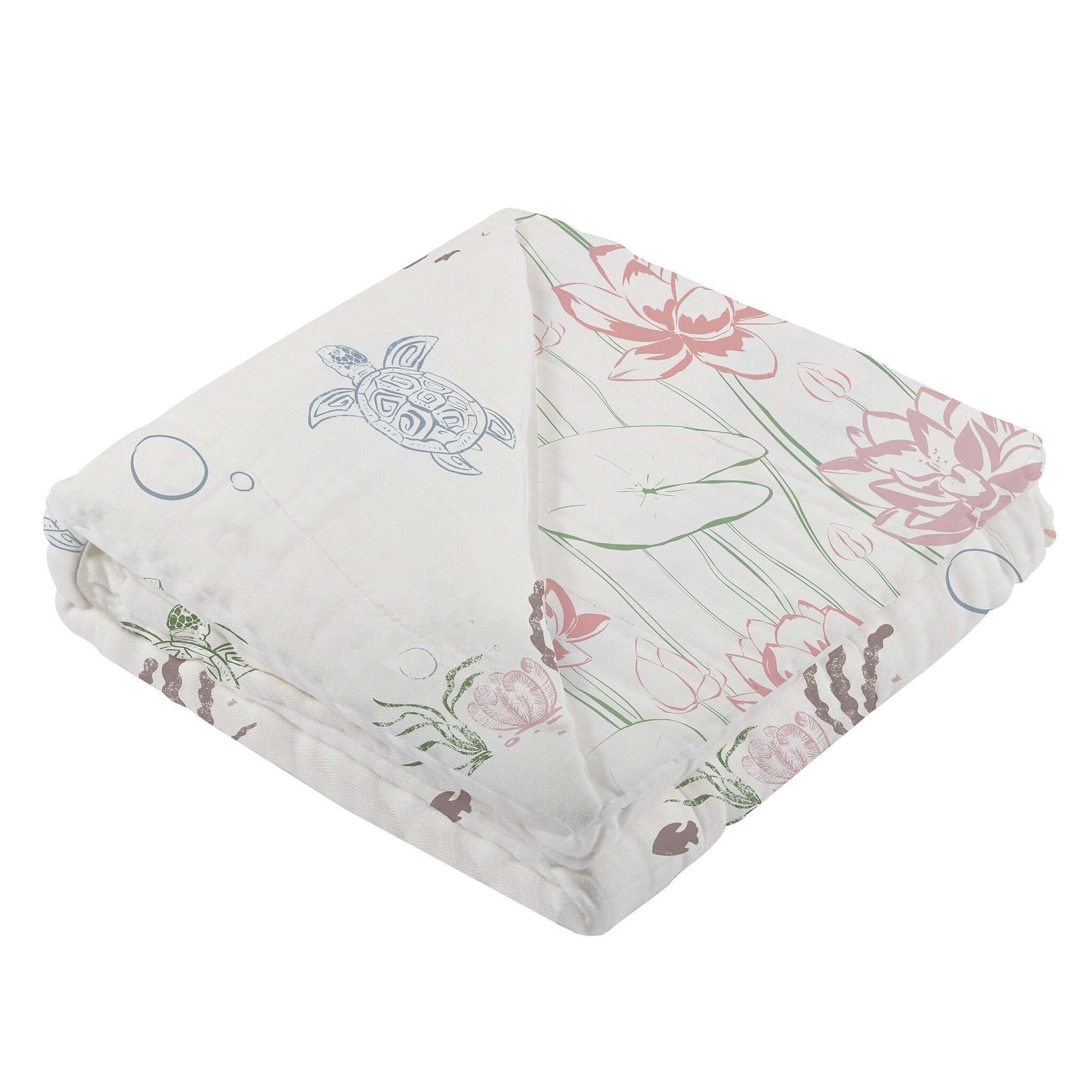 Turtles Lily Blanket made of 100% bamboo, featuring soft turtles and water lilies, perfect for wrapping your baby in comfort.