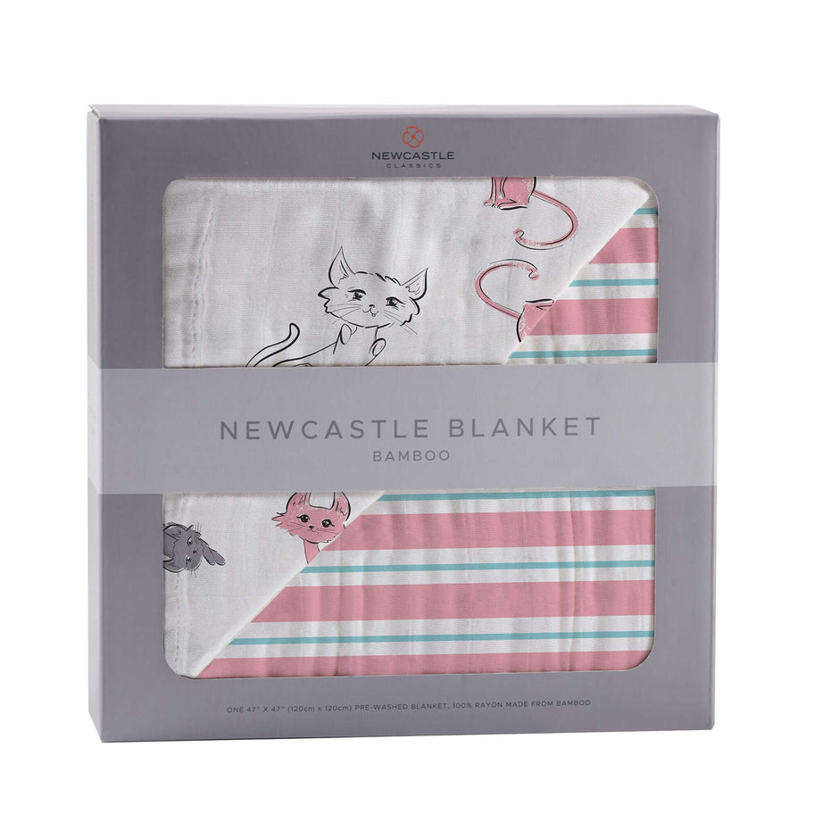 Newcastle Bamboo Baby Blanket packaging featuring cute animal patterns and soft pastel colors.