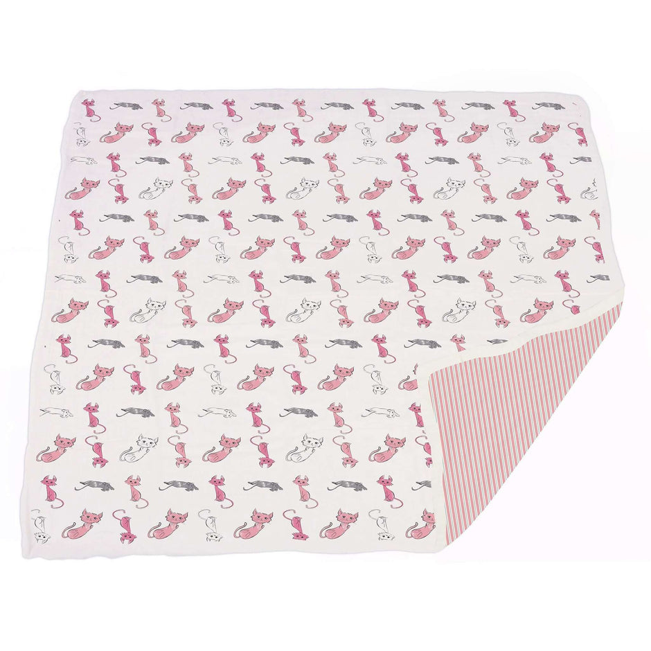 Bamboo baby blanket with playful cat designs in pink and gray, soft and cozy for infants.