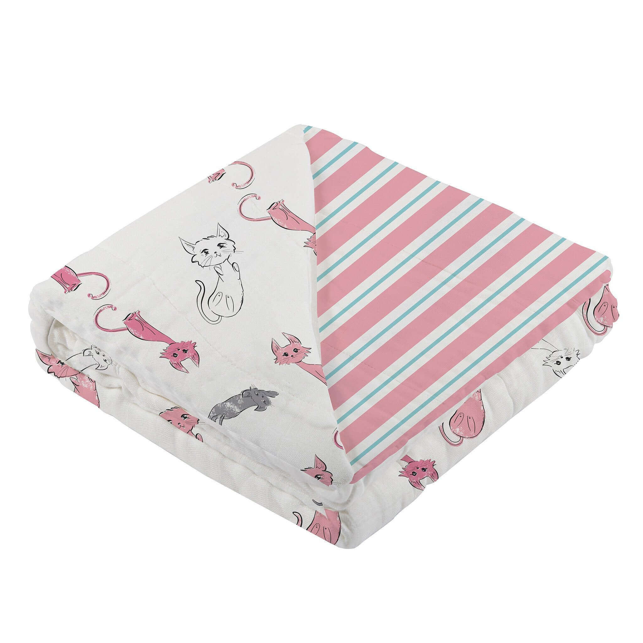 Cozy bamboo baby blanket featuring playful cat designs and pink striped pattern.