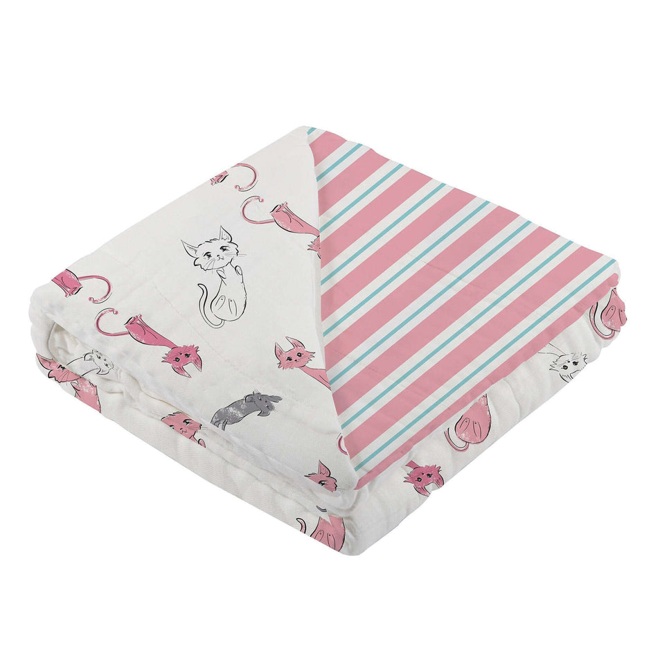 Cozy bamboo baby blanket featuring playful cat designs and pink striped pattern.