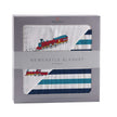 Vintage Train Blanket displayed in a stylish packaging featuring train illustrations and stripes.