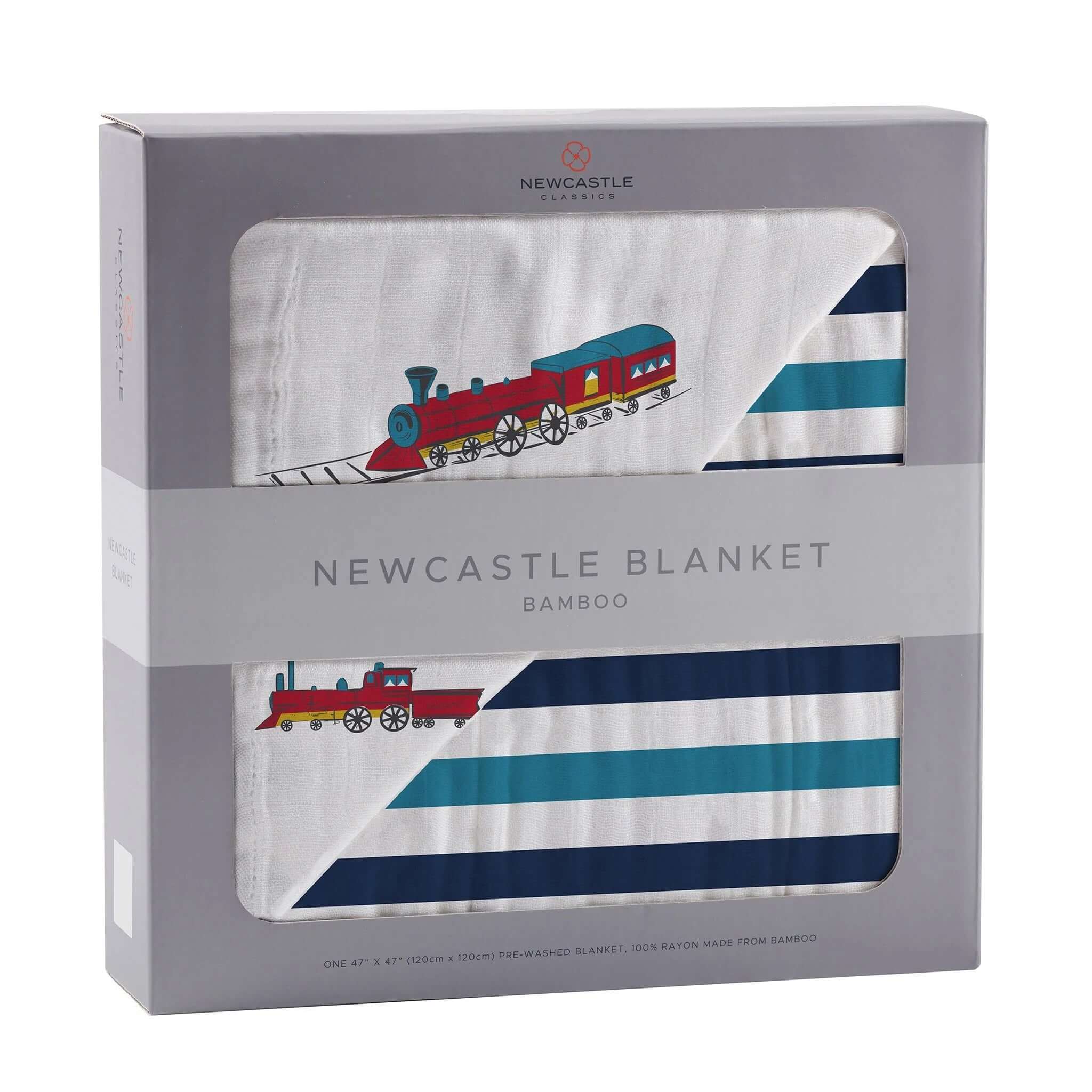 Vintage Train Blanket in a gift box with colorful train design and bamboo fabric.