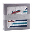 Vintage Train Blanket in a gift box with colorful train design and bamboo fabric.