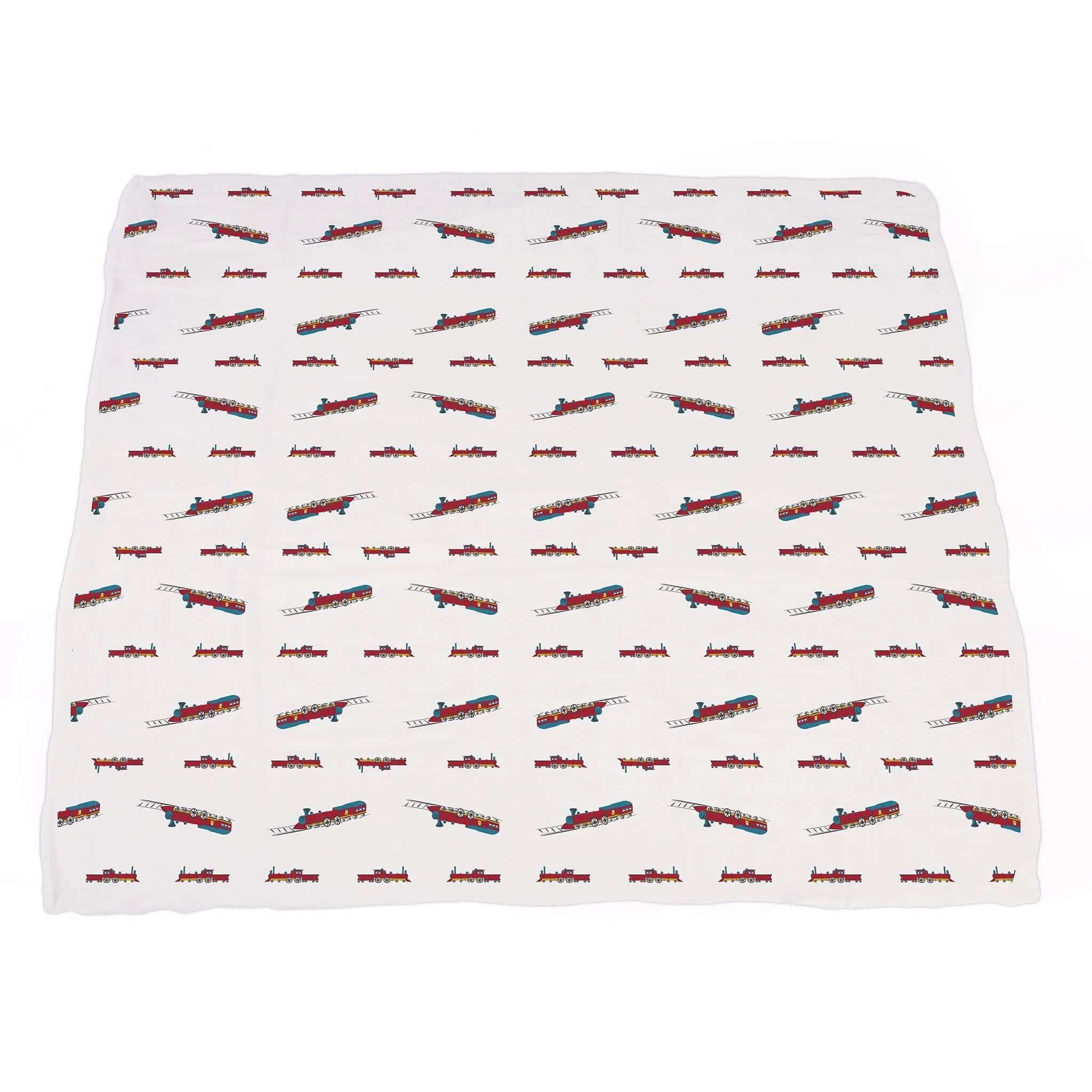 Vintage Train Blanket featuring a playful print of vintage trains on a white background.