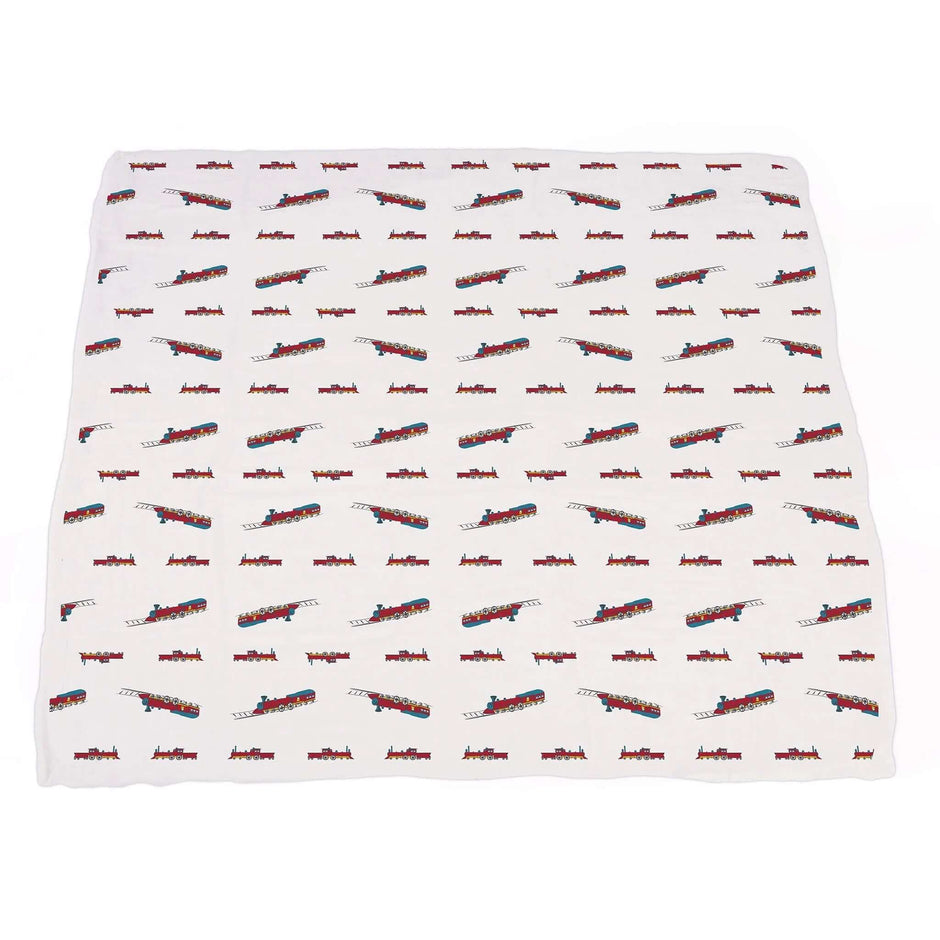 Vintage Train Blanket featuring a playful print of vintage trains on a white background.
