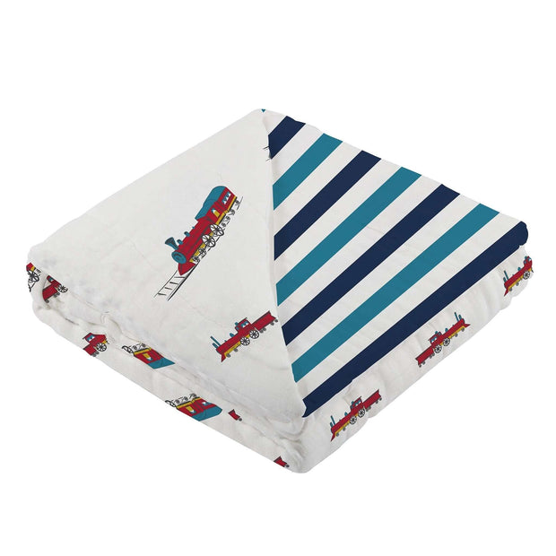 Vintage Train Blanket featuring classic train designs and striped pattern, perfect for cozy decor or gifts.