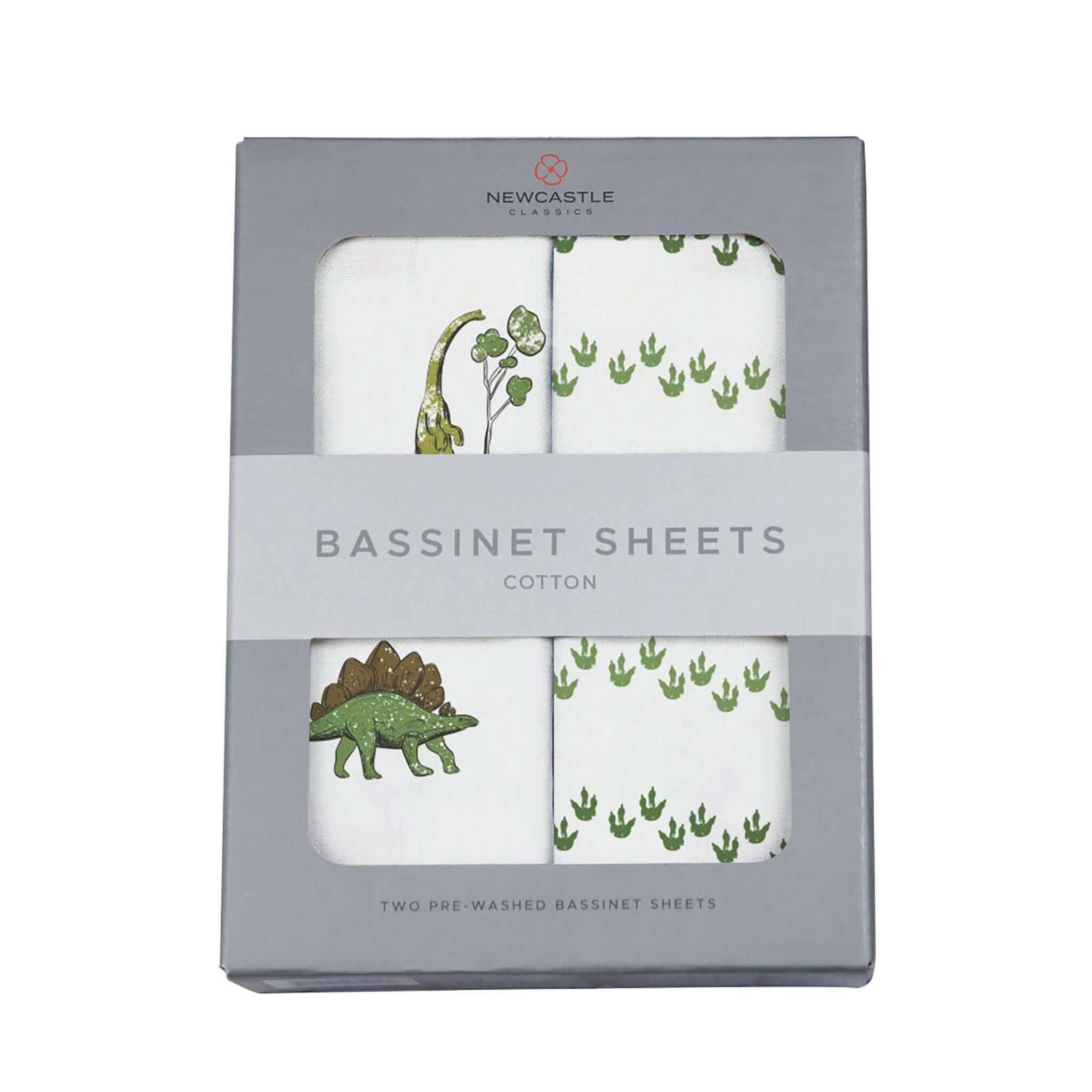 Dino cotton bassinet sheets featuring playful dinosaur prints in a packaged set. Durable and soft for baby comfort.