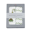 Dino cotton bassinet sheets featuring playful dinosaur prints in a packaged set. Durable and soft for baby comfort.