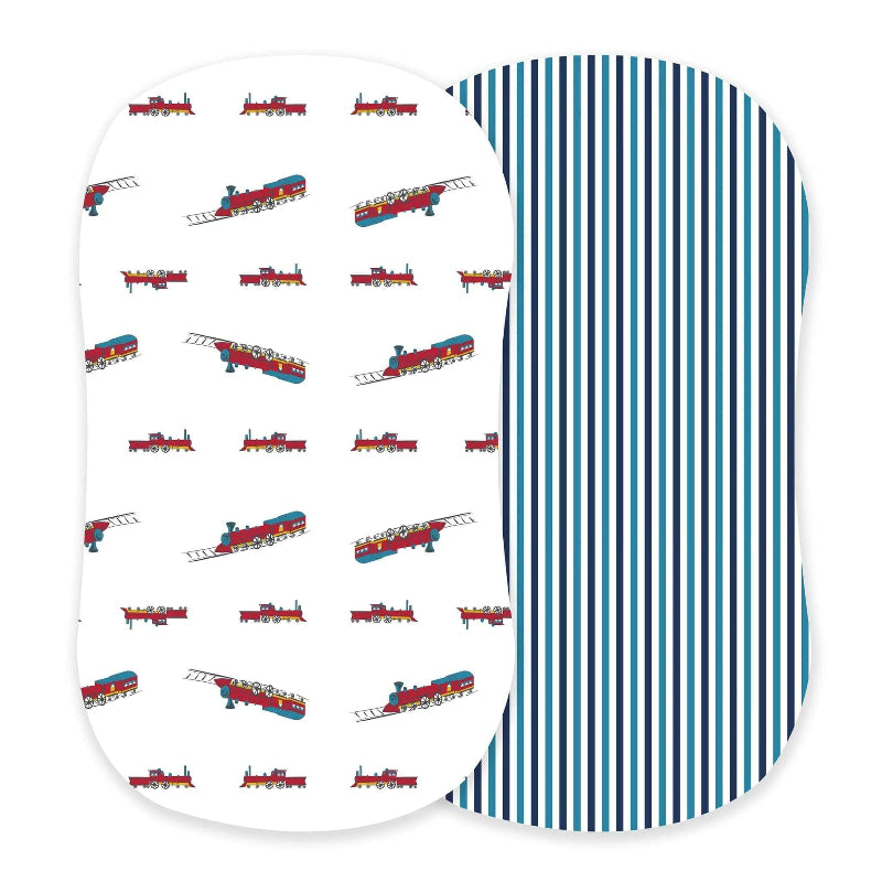 Bamboo Changing Pad featuring colorful train prints on one side and navy striped design on the other.