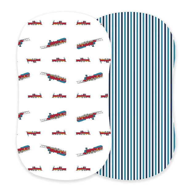 Bamboo Changing Pad featuring colorful train prints on one side and navy striped design on the other.
