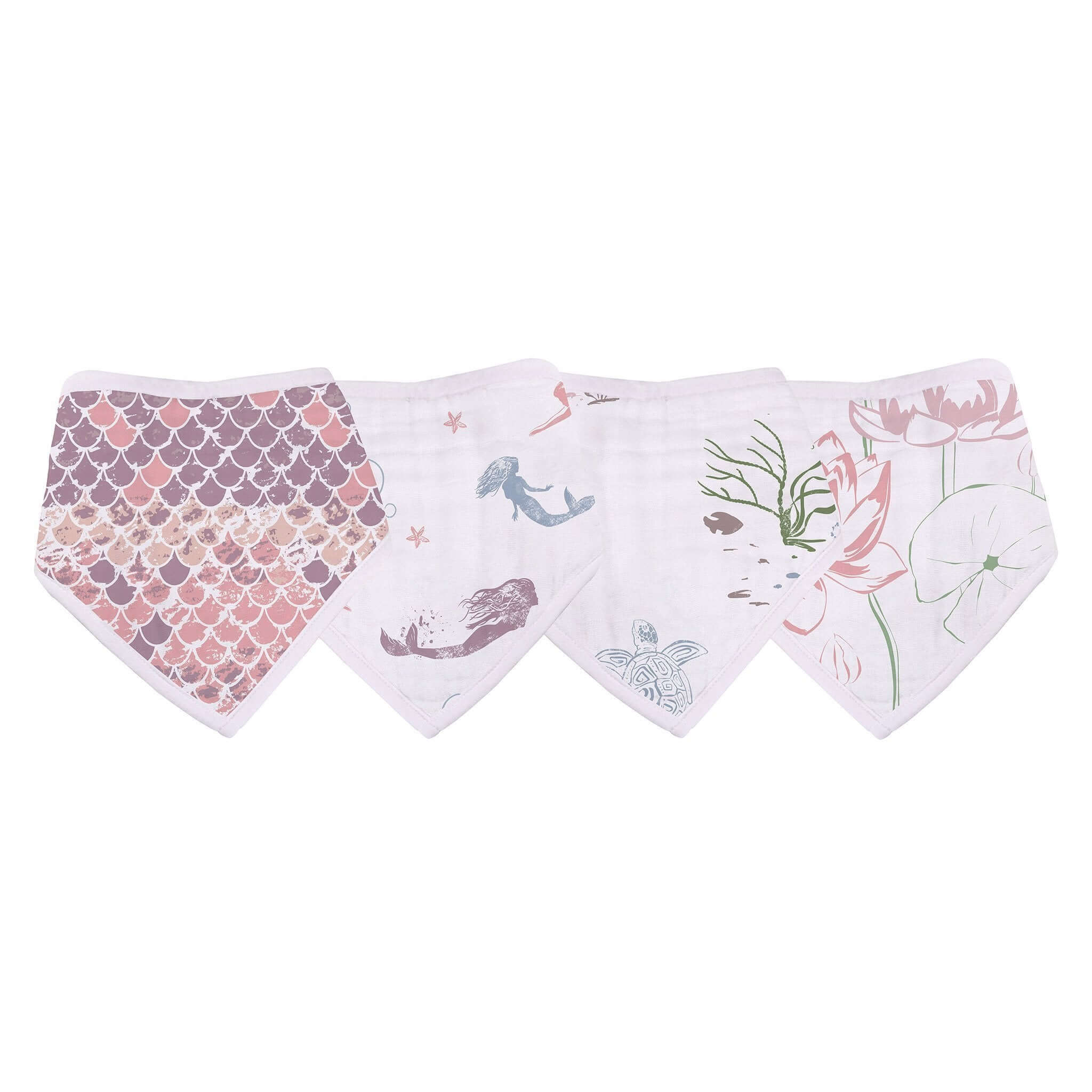 Set of Under Sea Bibs featuring mermaid scales, whales, and floral designs, perfect for a sea-themed baby outfit.