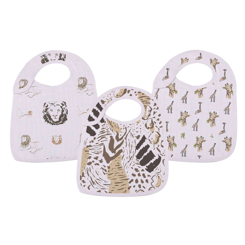 Savannah Snap Bibs 3PK featuring animal prints, perfect for feeding; stylish and functional bibs.