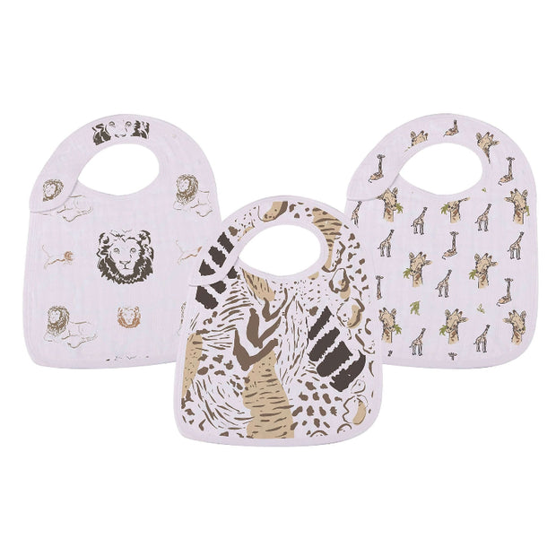 Savannah Snap Bibs 3PK featuring animal prints, perfect for feeding; stylish and functional bibs.
