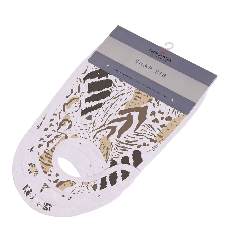 Savannah Snap Bibs 3PK featuring a stylish snap bib design with animal patterns, perfect for feeding babies.