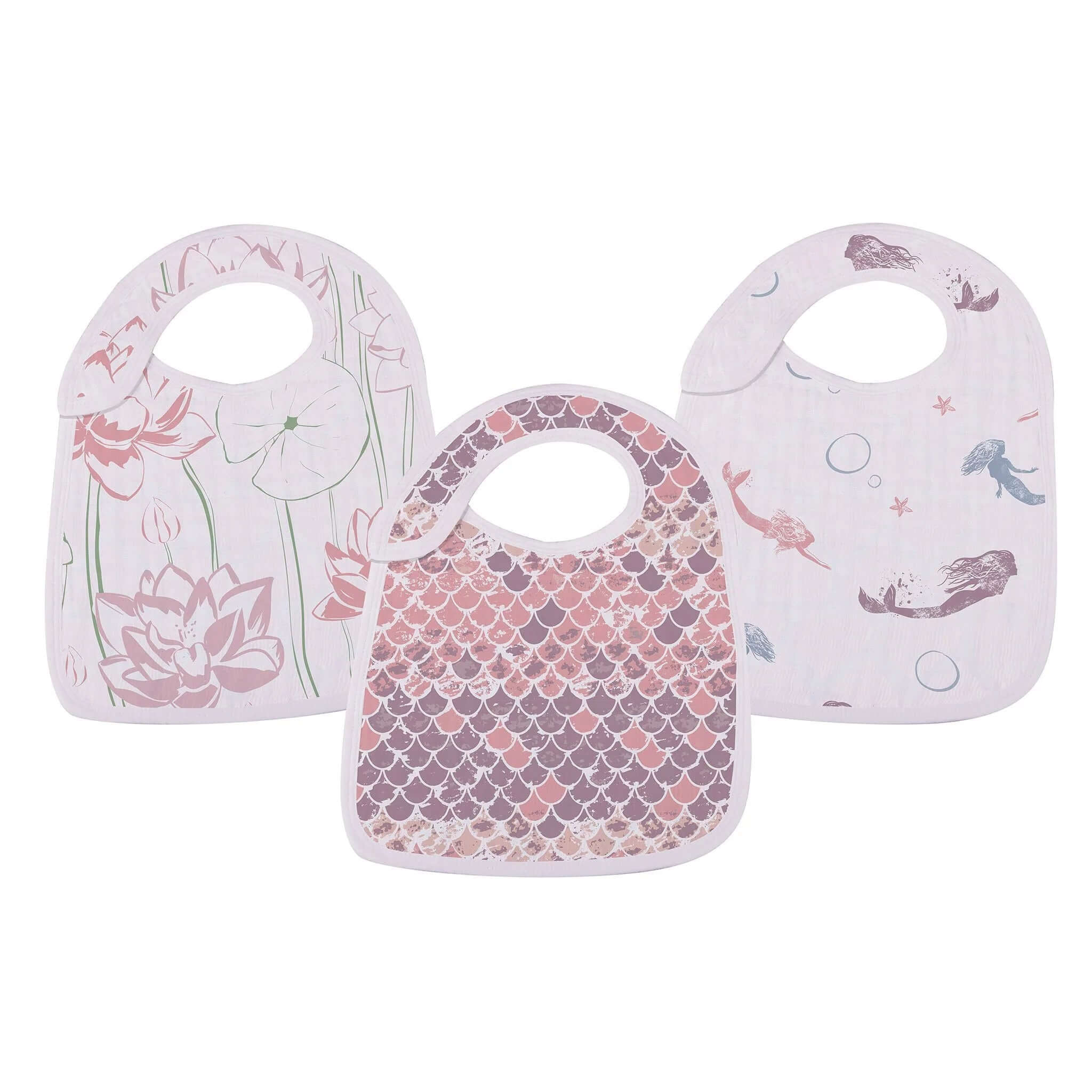 Under Sea Bibs featuring floral and mermaid patterns for babies, perfect for mealtime and fun.