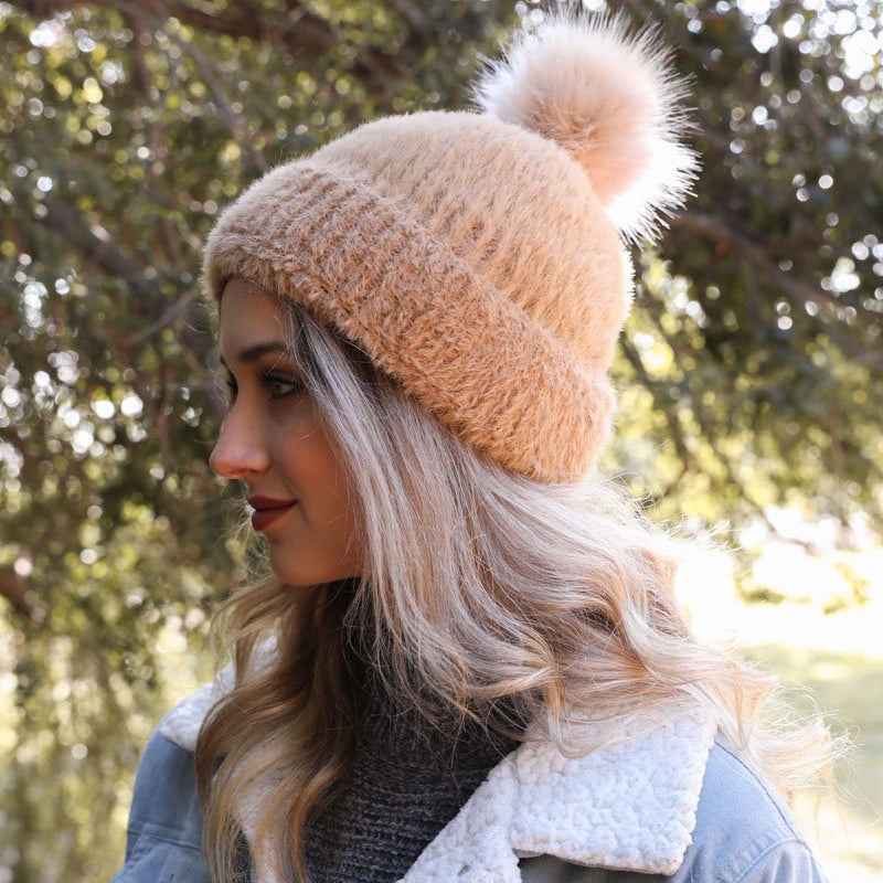 Soft Mohair Pom Beanie – Cozy Knit Hat with Pom Detail