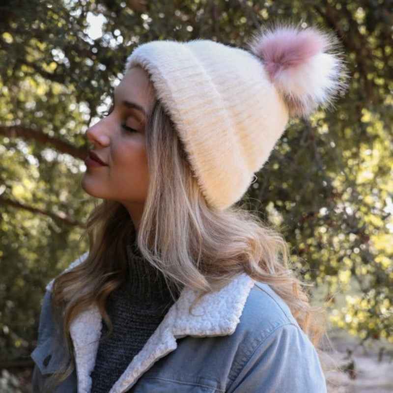 Soft Mohair Pom Beanie – Cozy Knit Hat with Pom Detail