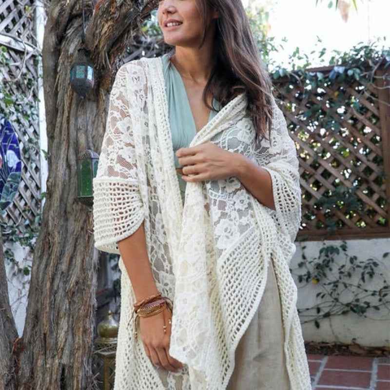 Boho Lace Kimono Cardigan Open Front Sheer Cover Up