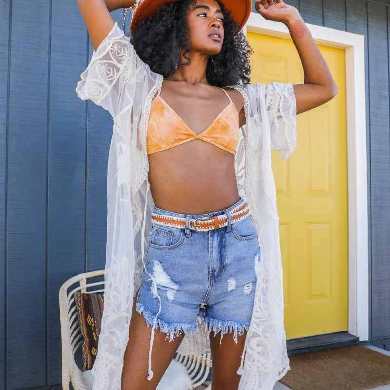 Sheer Lace Kimono Cardigan Open Front Lightweight Beach Cover Up