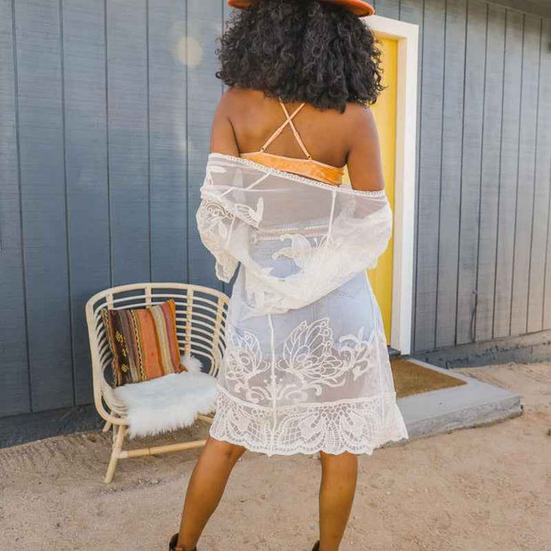 Sheer Lace Kimono Cardigan Open Front Lightweight Beach Cover Up