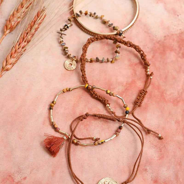 Boho Charm Tassel Beaded Bracelet Set Gold Tone Adjustable Jewelry
