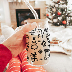 Christmas Variety Glass Cups with Lid & Straws