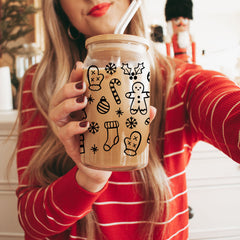 Christmas Variety Glass Cups with Lid & Straws