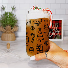 Christmas Variety Glass Cups with Lid & Straws