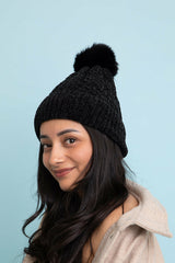 Velvet Cable Knit Pom Beanie