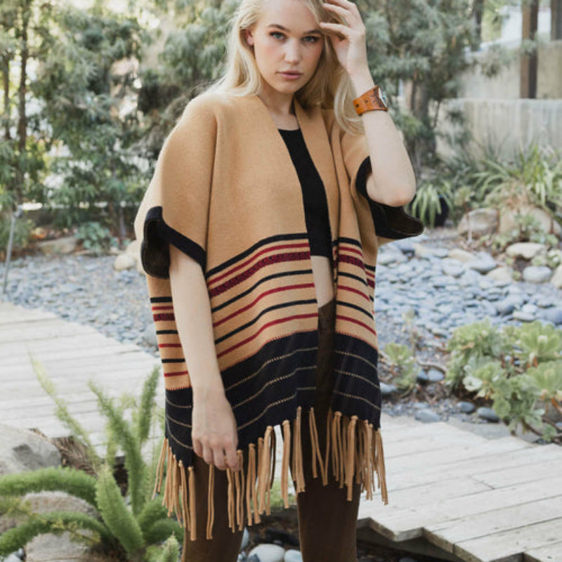 Women’s Striped Knit Poncho with Fringe Hem – Brown & Black Pattern
