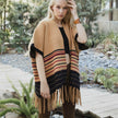 Women’s Striped Knit Poncho with Fringe Hem – Brown & Black Pattern