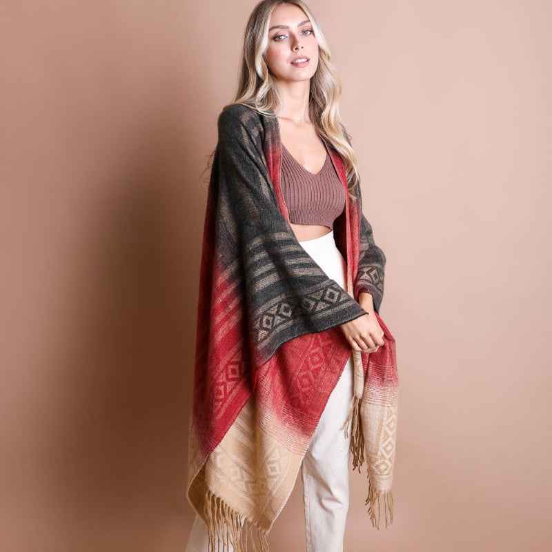 Boho Gradient Shawl Poncho Fringe Hem Warm Wrap Cardigan