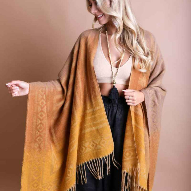 Boho Gradient Shawl Poncho Fringe Hem Warm Wrap Cardigan