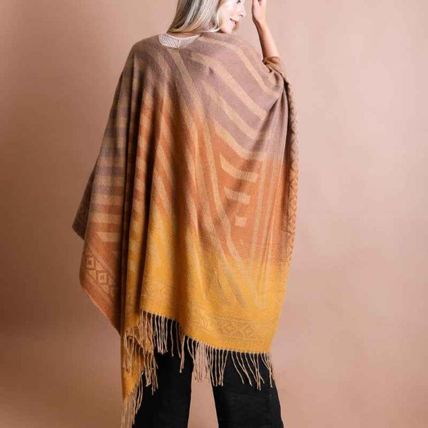 Boho Gradient Shawl Poncho Fringe Hem Warm Wrap Cardigan