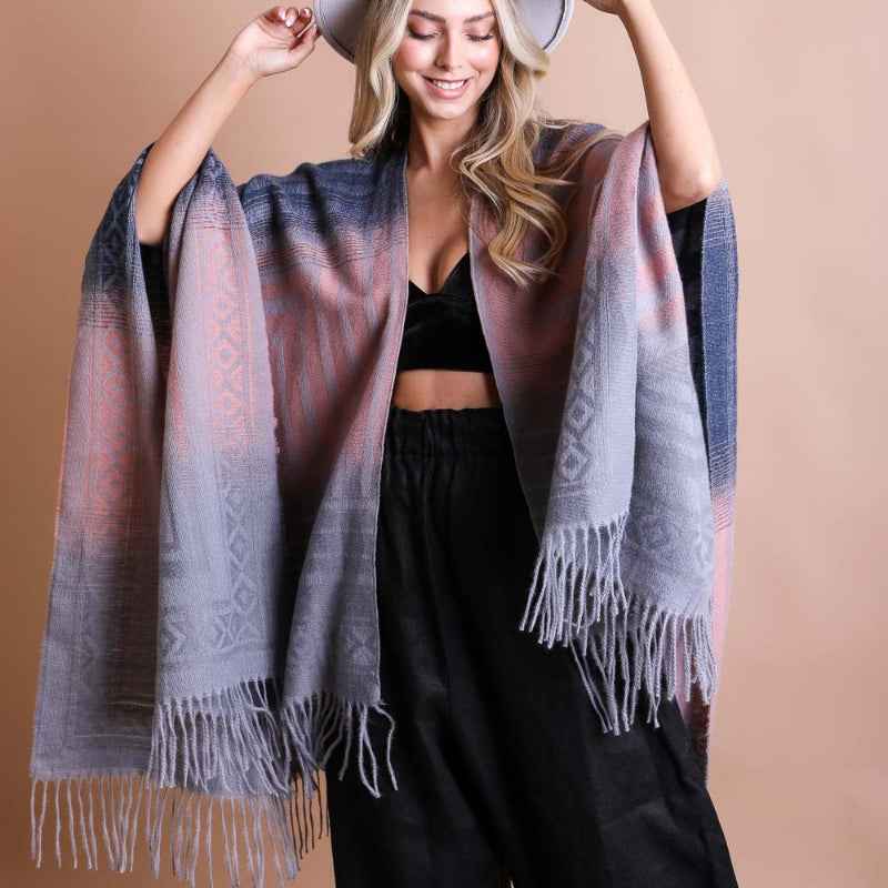 Boho Gradient Shawl Poncho Fringe Hem Warm Wrap Cardigan