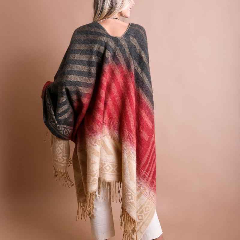 Boho Gradient Shawl Poncho Fringe Hem Warm Wrap Cardigan