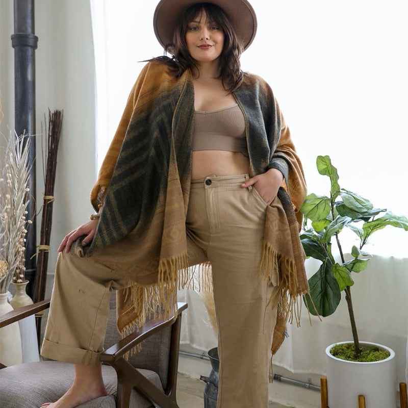 Boho Gradient Shawl Poncho Fringe Hem Warm Wrap Cardigan