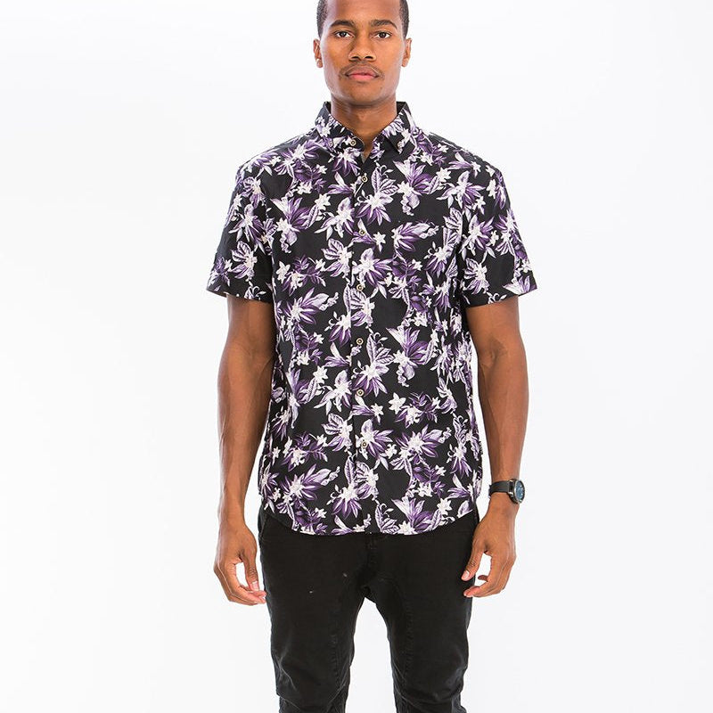 Men’s Floral Short Sleeve Shirt – Black Button-Up with Purple Flower Print