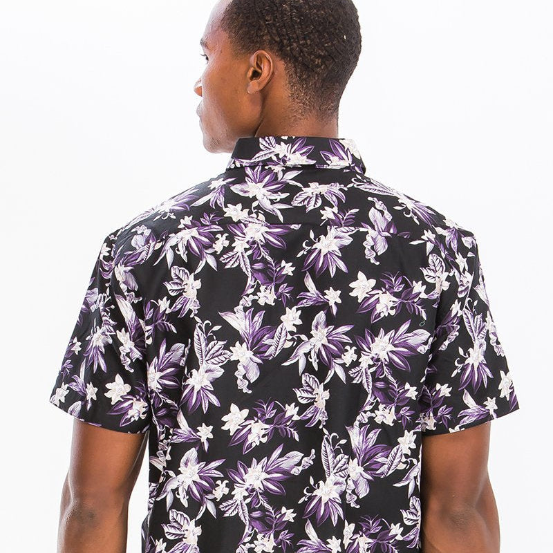Men’s Floral Short Sleeve Shirt – Black Button-Up with Purple Flower Print