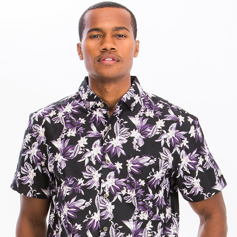 Men’s Floral Short Sleeve Shirt – Black Button-Up with Purple Flower Print