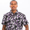 Men’s Floral Short Sleeve Shirt – Black Button-Up with Purple Flower Print