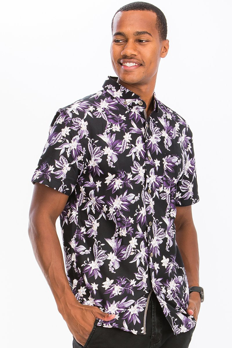 Men’s Floral Short Sleeve Shirt – Black Button-Up with Purple Flower Print