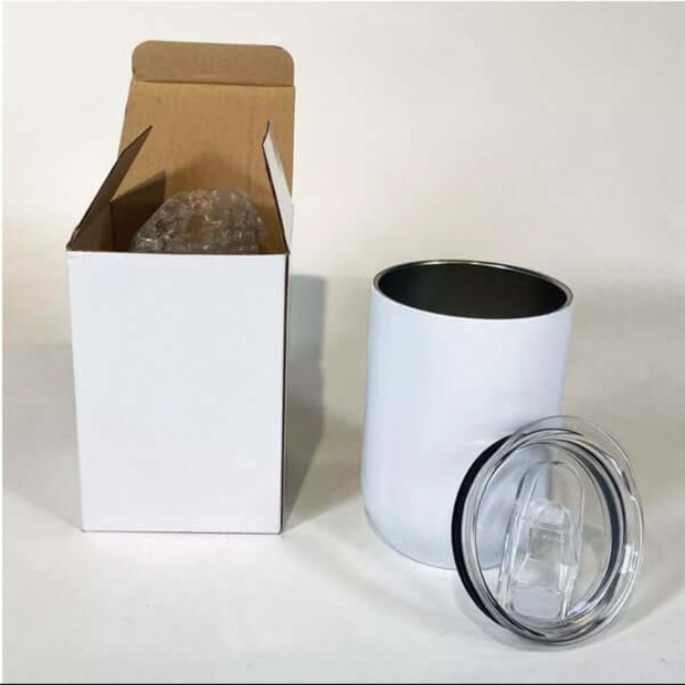 12 Oz Straight Wine Tumbler with box and lid, perfect for enjoying beverages.